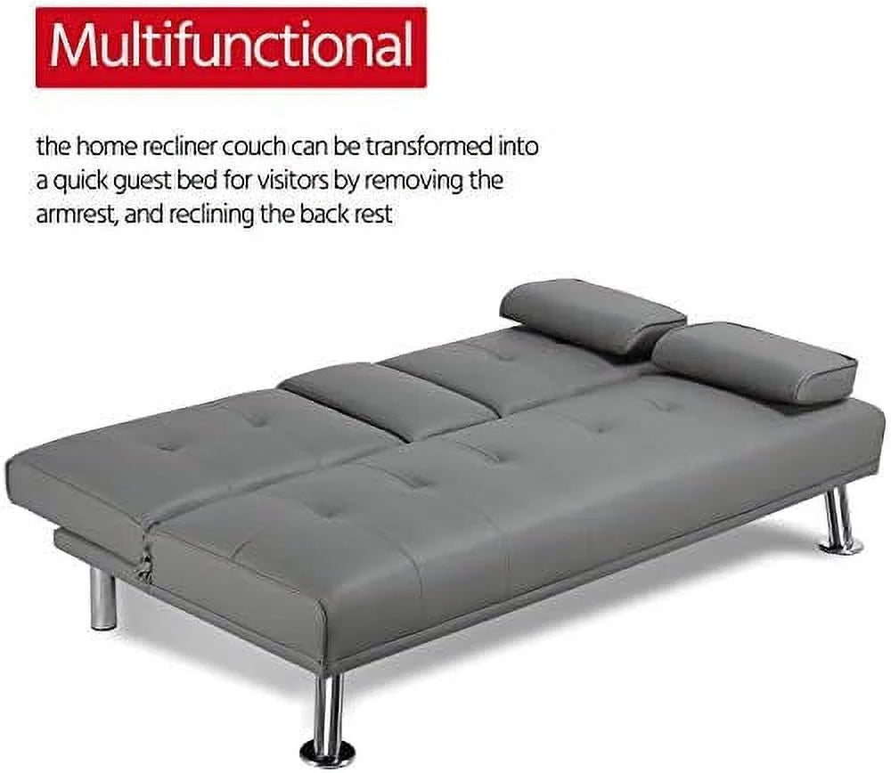 Gray Faux Leather Sofa Bed Futon with Armrest O963