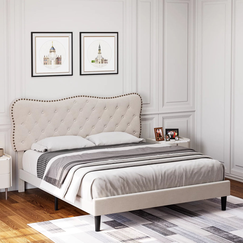 Queen Size Black Linen Upholstered Platform Bed with Adjustable Headboard C114478