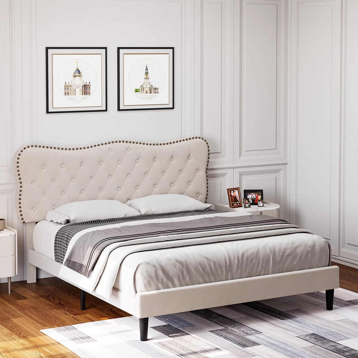 Queen Size Black Linen Upholstered Platform Bed with Adjustable Headboard C114478