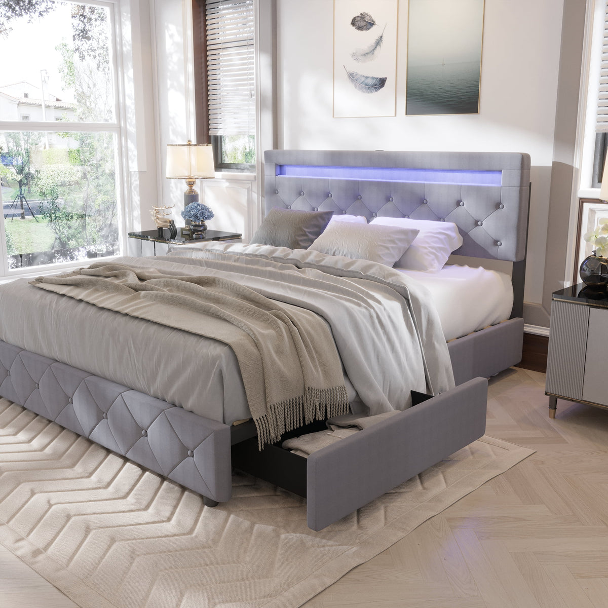 Full Size Upholstered Platform Bed Frame with LED Light Headboard U2287
