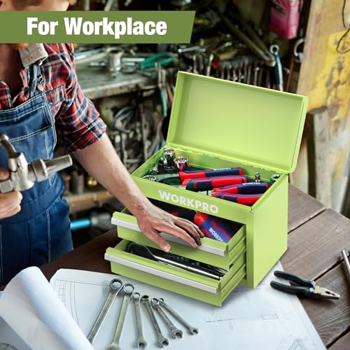 Mini Metal Tool Box with 2 Drawers and Top Storage, Cold Rolled Steel Toolbox N48688
