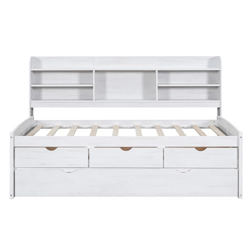 White Wash Wooden Twin Size Captain Bed with Built-in Bookshelves and 3 Storage Drawers and Trundle L19236