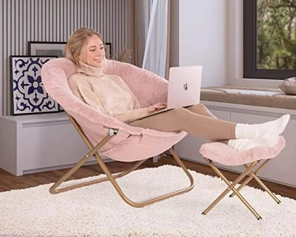 Pink Faux Fur Saucer Chair with Ottoman C499