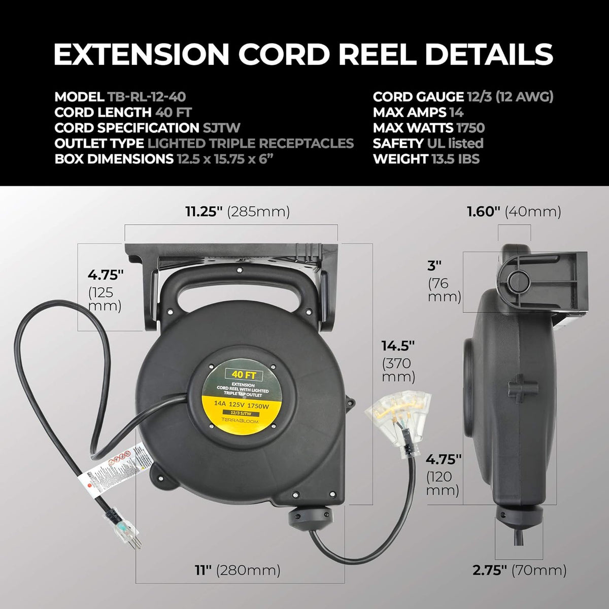 40 Ft 12/3 Retractable Extension Cord Reel with 3 Electrical Outlets X81052