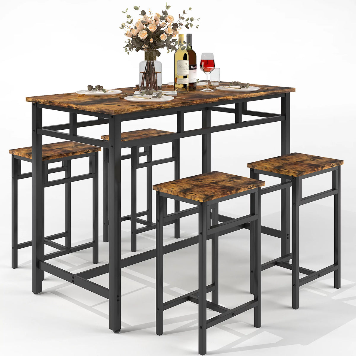 5 Piece Wooden Metal Dining Table and Stools Set G53674