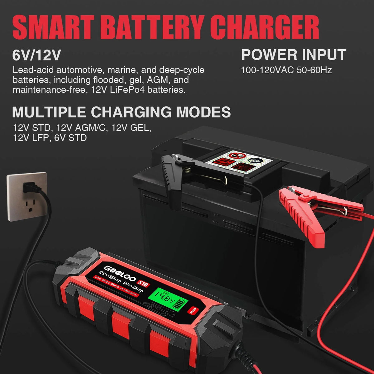 6 Amp 6V 12V Smart Trickle Battery Charger with LCD Display I128753