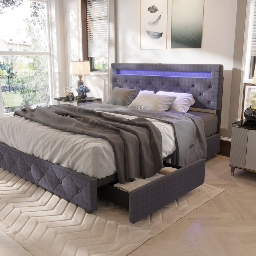 Full Size Upholstered Platform Bed Frame with LED Light Headboard U2287