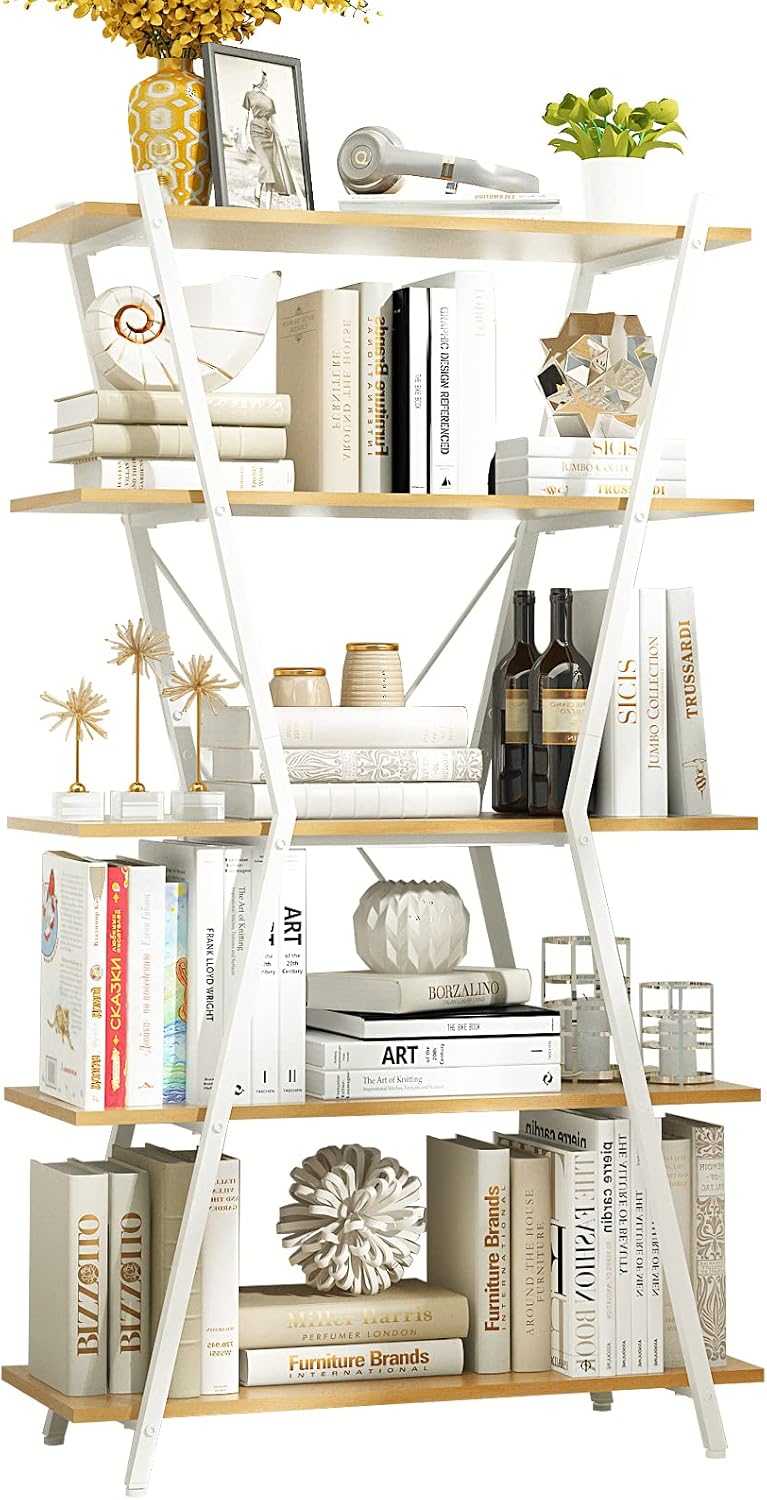 5 Tier White Wood and Metal Bookshelf I567802
