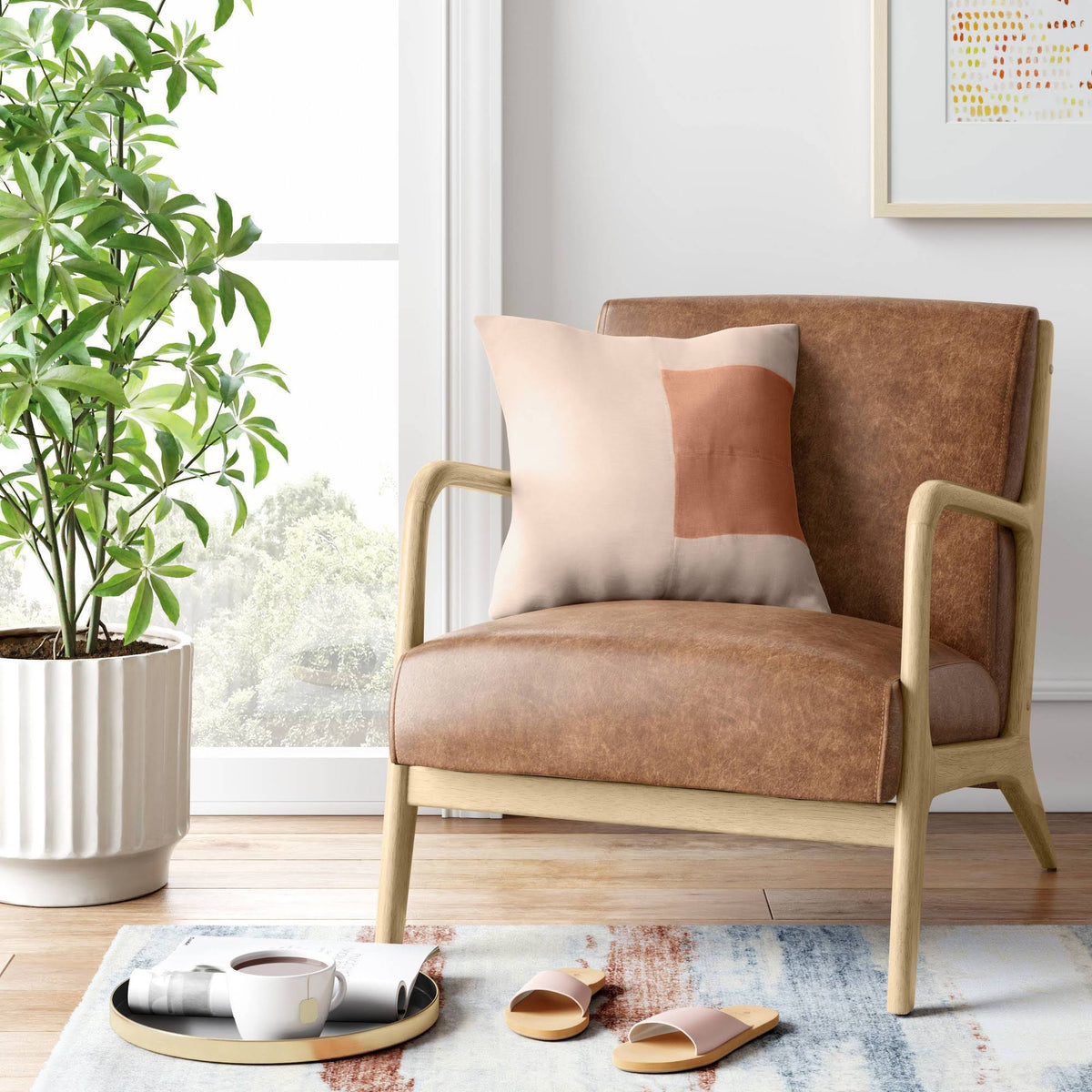 Caramel Faux Leather Wood Armchair C497