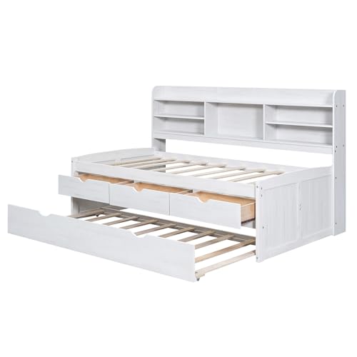 White Wash Wooden Twin Size Captain Bed with Built-in Bookshelves and 3 Storage Drawers and Trundle L19236
