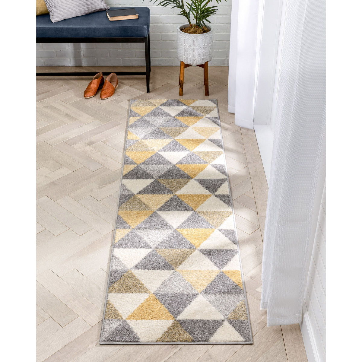 Gold & Grey Geometric Triangle Runner Rug P69509