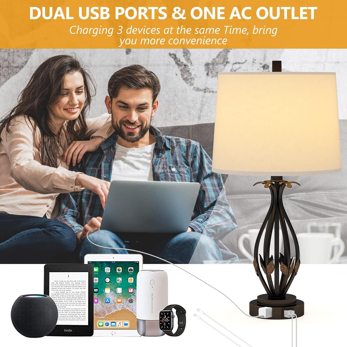 Table Lamp Set of 2, 3 Way Dimmable Touch with Dual USB Ports and AC Outlet R193412