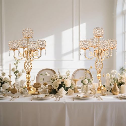 5-Arm Crystal Candelabra Candle Holder Stand with Crystal Bowl R17474