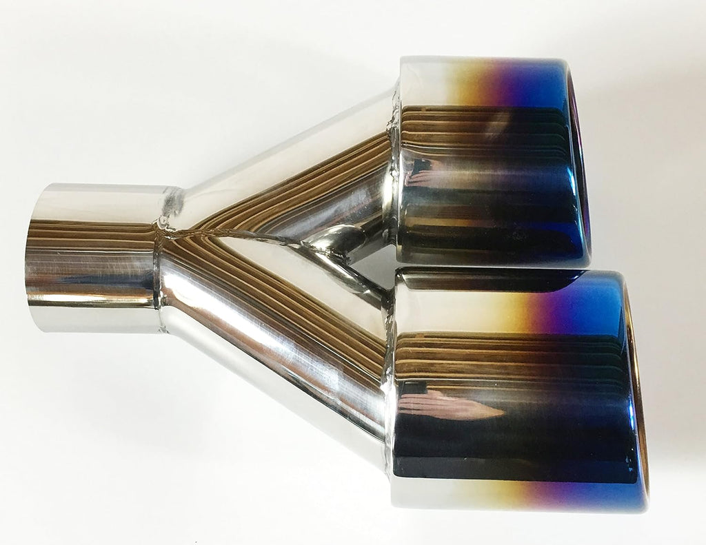 2.25" Inlet 3.00" X 2.5" Outlet 9.50" long Dual Round Staggered Slant Stainless Steel Blue Flame Exhaust Tip Q214437