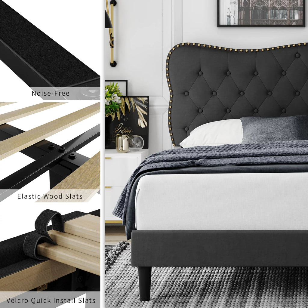 Queen Size Black Linen Upholstered Platform Bed with Adjustable Headboard C114478