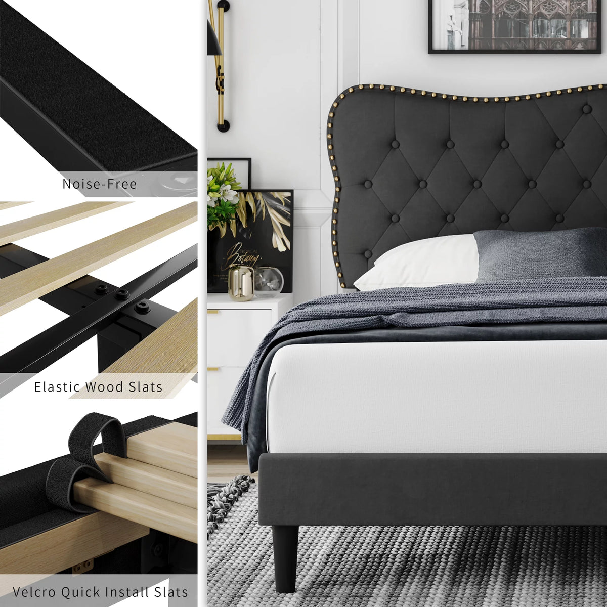 Queen Size Black Linen Upholstered Platform Bed with Adjustable Headboard C114478
