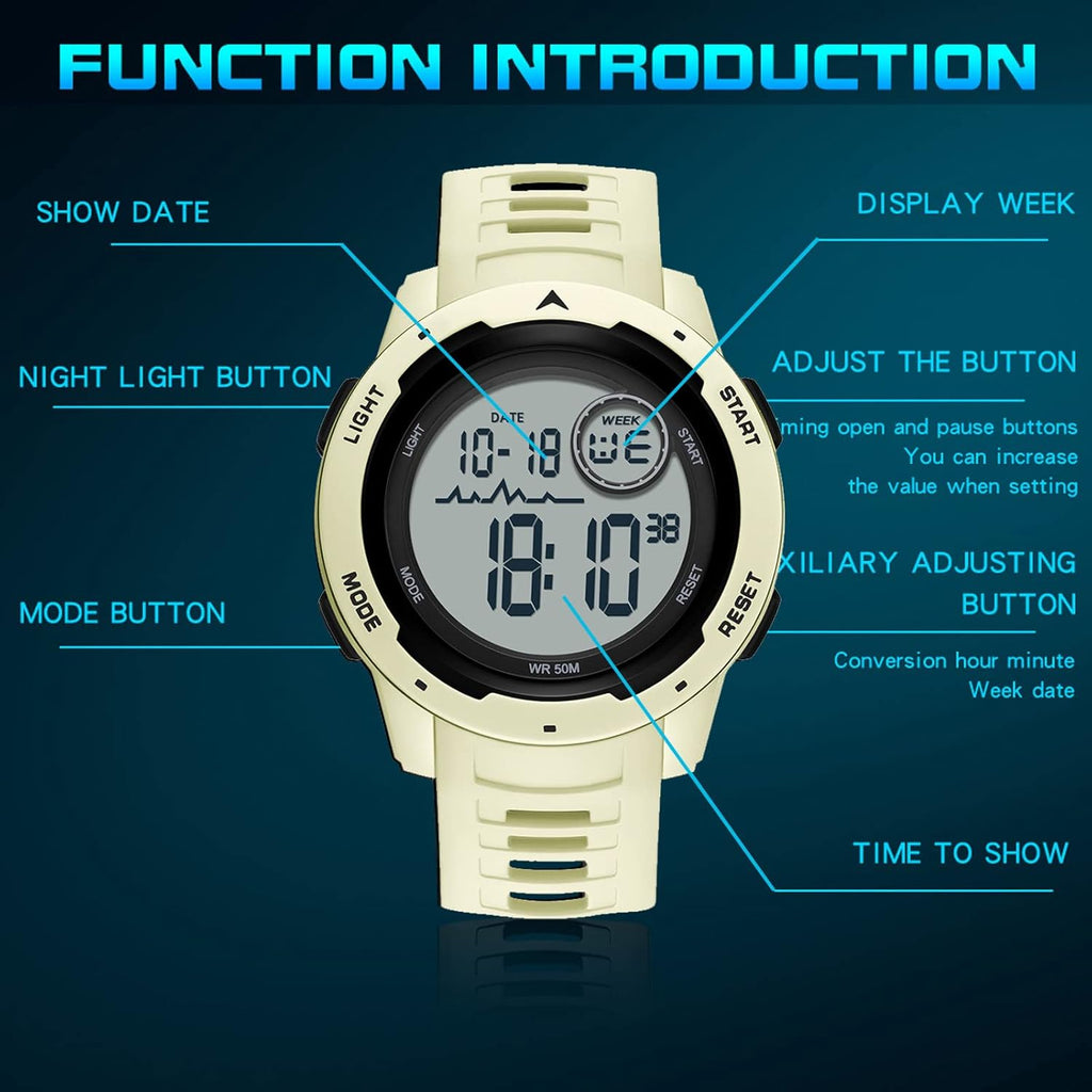 Mens Digital Sports Watch Solar Powered Waterproof Stopwatch V6712