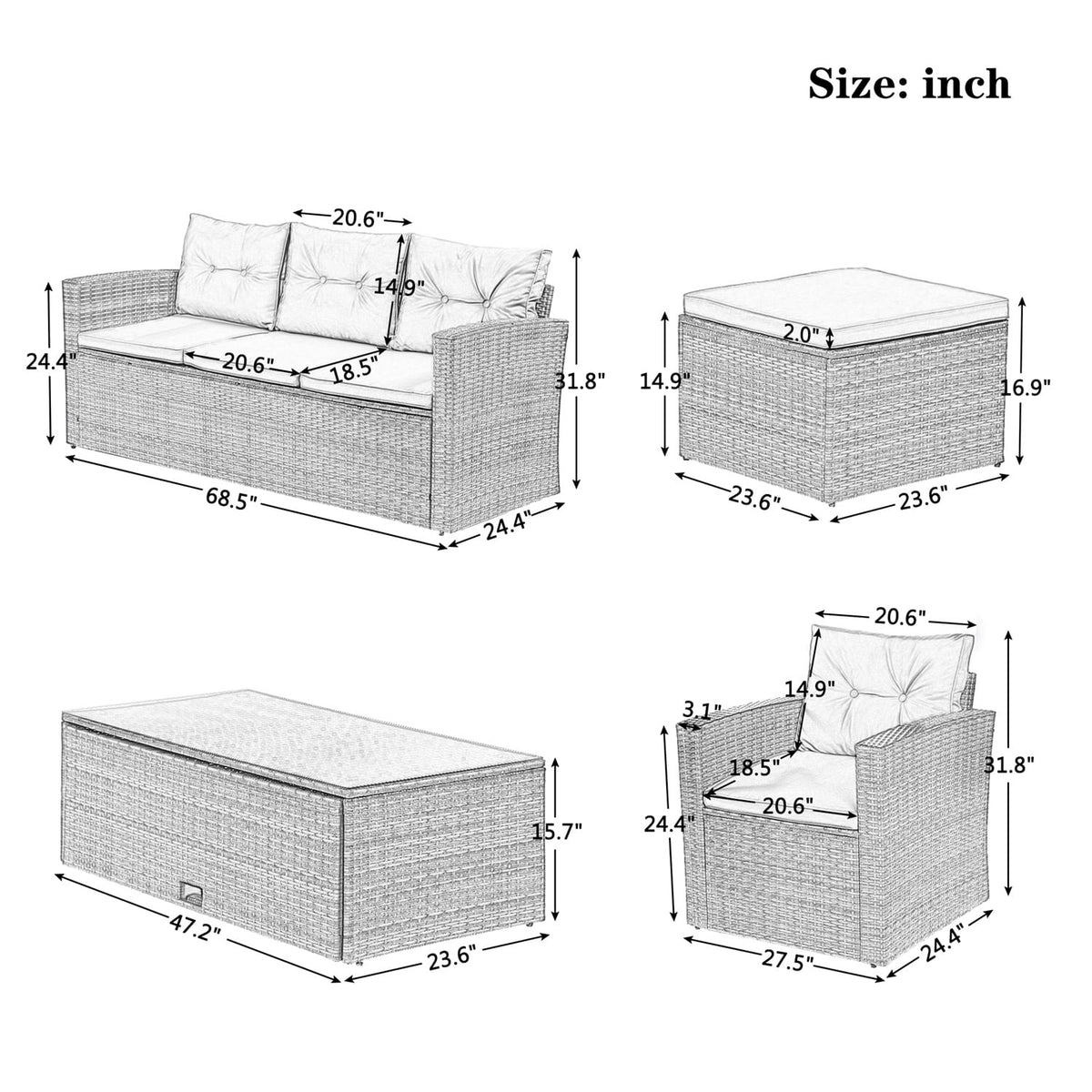 6pcs Outdoor Patio Furniture Set with Coffee Table, Wicker Sofas, Ottomans, Removable Cushions (Beige) V996831