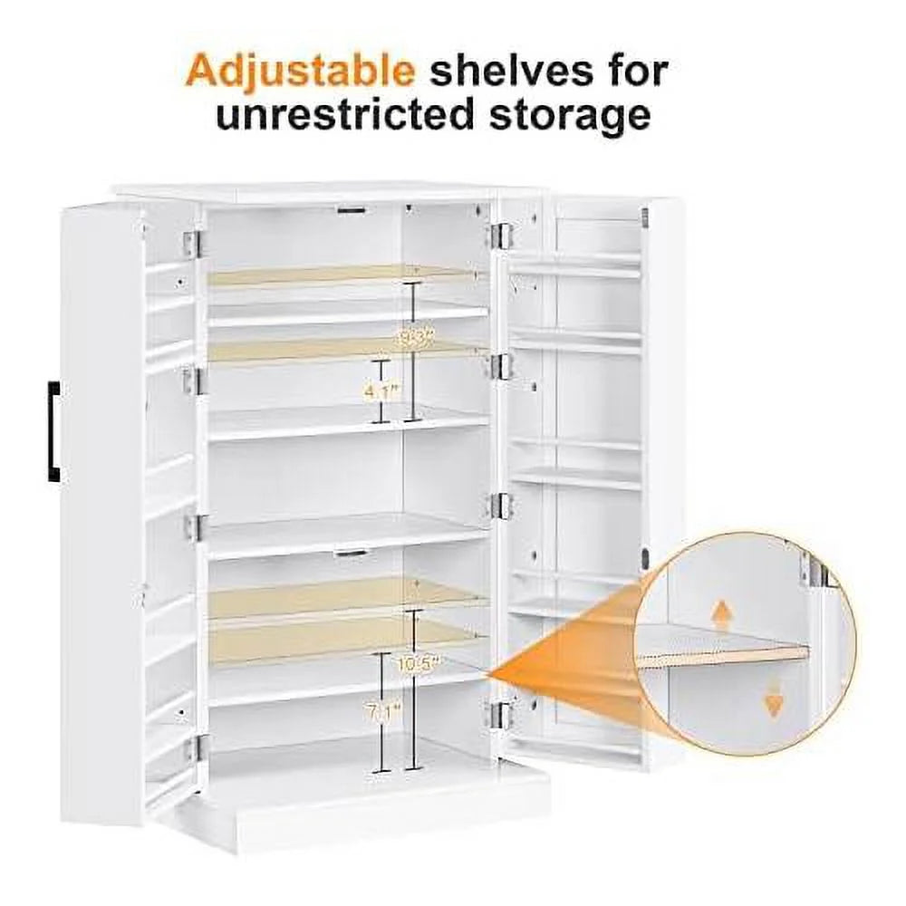 White Wood Pantry Cabinet with Doors and Adjustable Shelves J520166