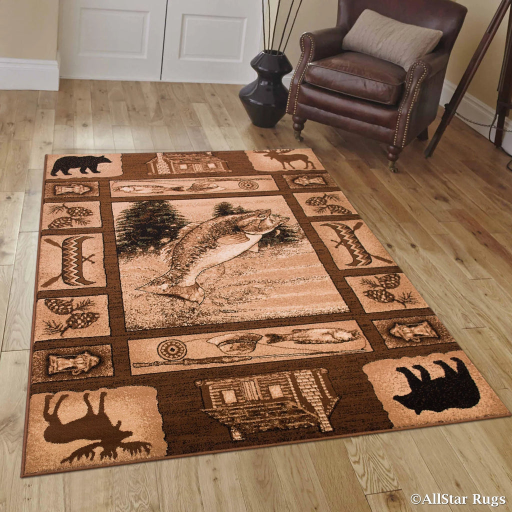 Brown Prints Fish Acorns Bear Cabin Moose Wildlife Area Rug (3' 9" x 5' 1") Y125