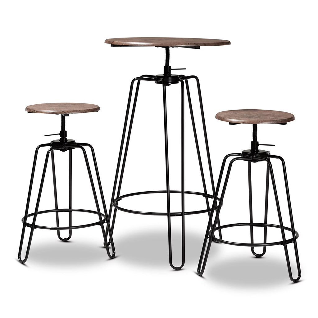 Walnut Finished Wood and Black Metal 3-Piece Adjustable Bar Set A95766