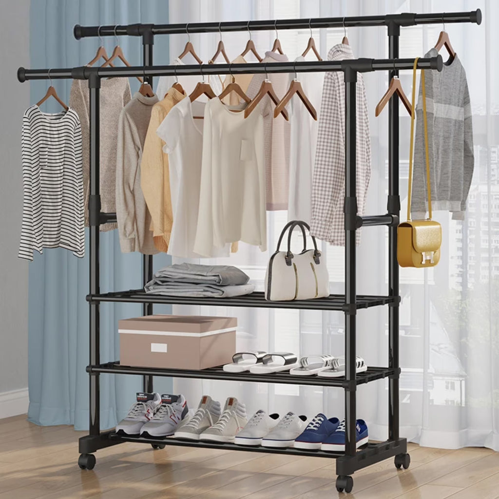 Black Rolling Garment Rack with Bottom Shelves V4720