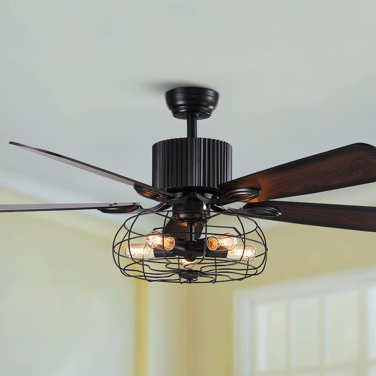 48 Retro Industrial Cage Ceiling Fan with Lights and Remote N7292
