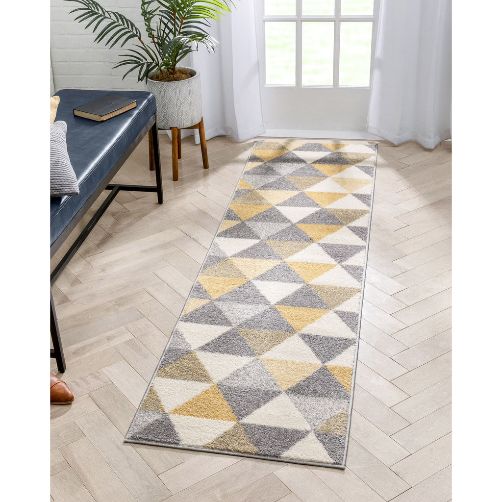 Gold & Grey Geometric Triangle Runner Rug P69509