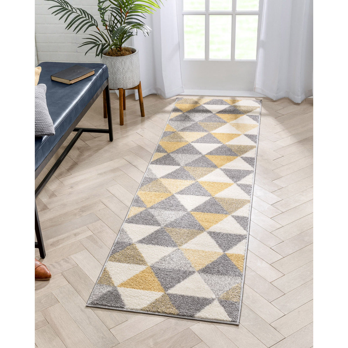 Gold & Grey Geometric Triangle Runner Rug P69509