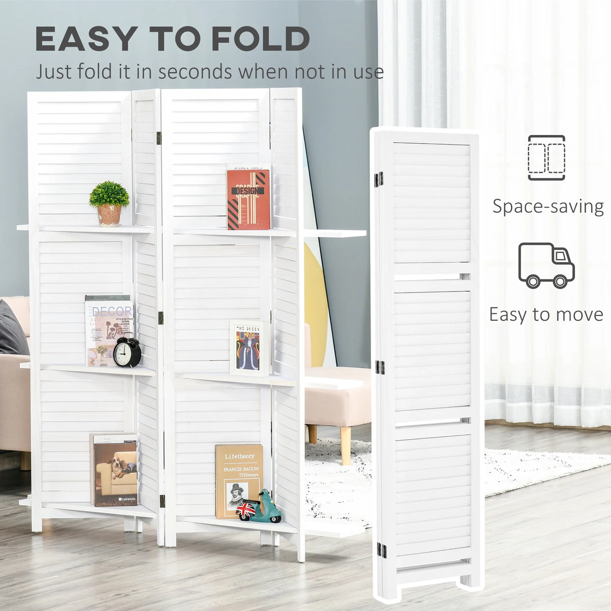 67" 4 Panel Wooden Privacy Screen Divider with Shelves O141586
