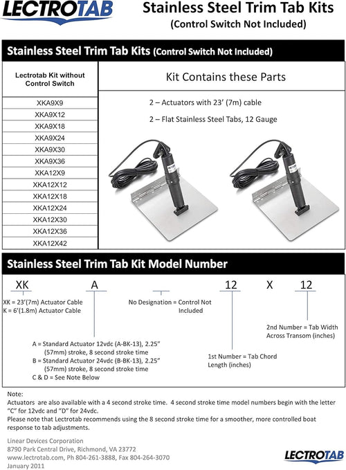 2 9X12 SS Trim Tabs with 2 Actuators and 23' Cables C90124