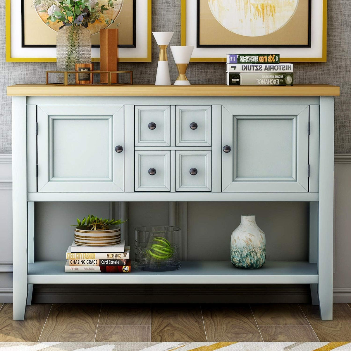 Solid Wood Console Table with 3 Drawers, 2 Cabinet and 1 Shelf C8919