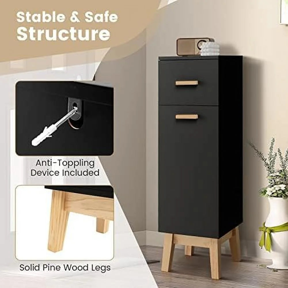 Narrow Black Bathroom Cabinet with Adjustable Shelves and Drawer Q2214