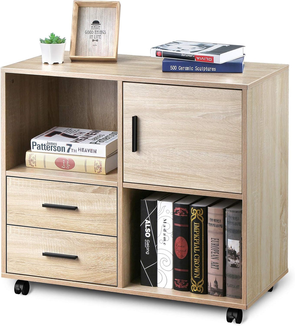 Oak Black 3 Drawer Mobile Wood File Cabinet with Wheels C2410