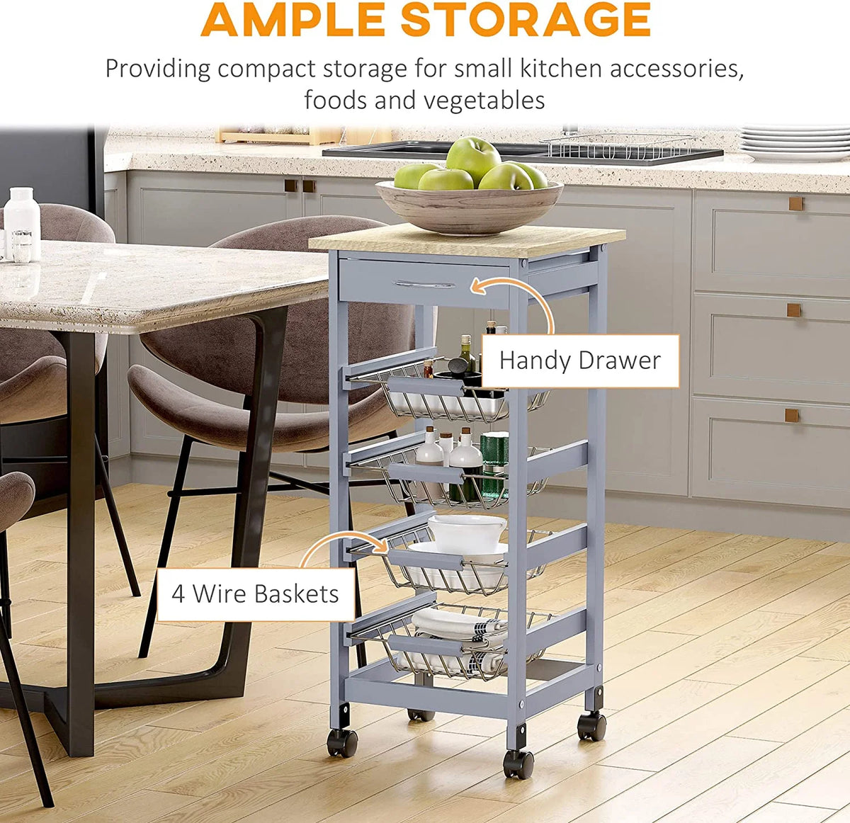 Gray Rolling Kitchen Cart with Storage S342