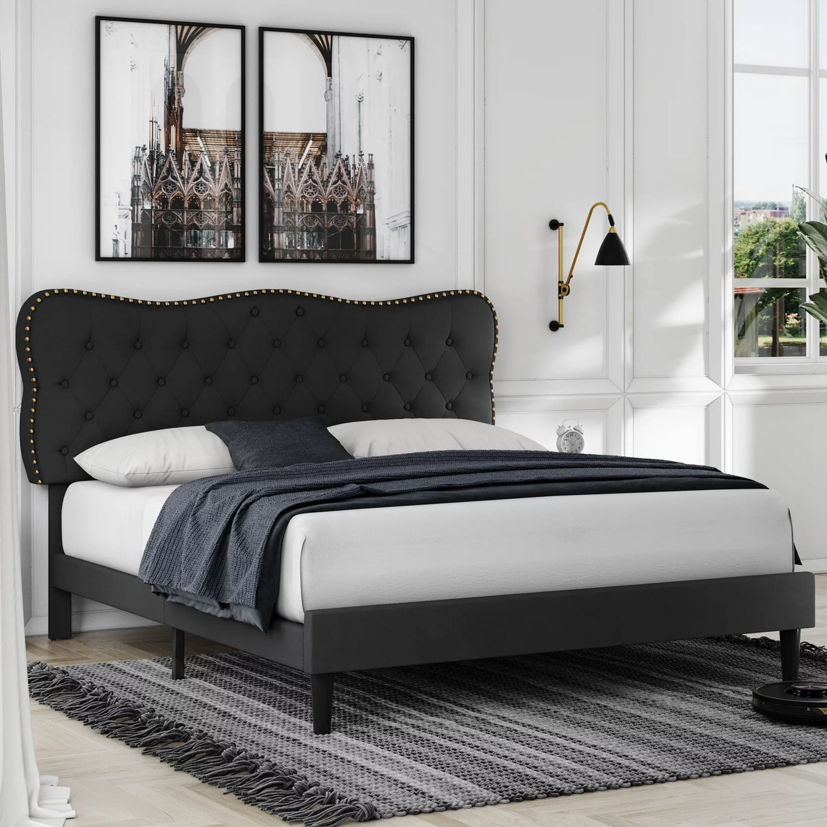 Queen Size Black Linen Upholstered Platform Bed with Adjustable Headboard C114478