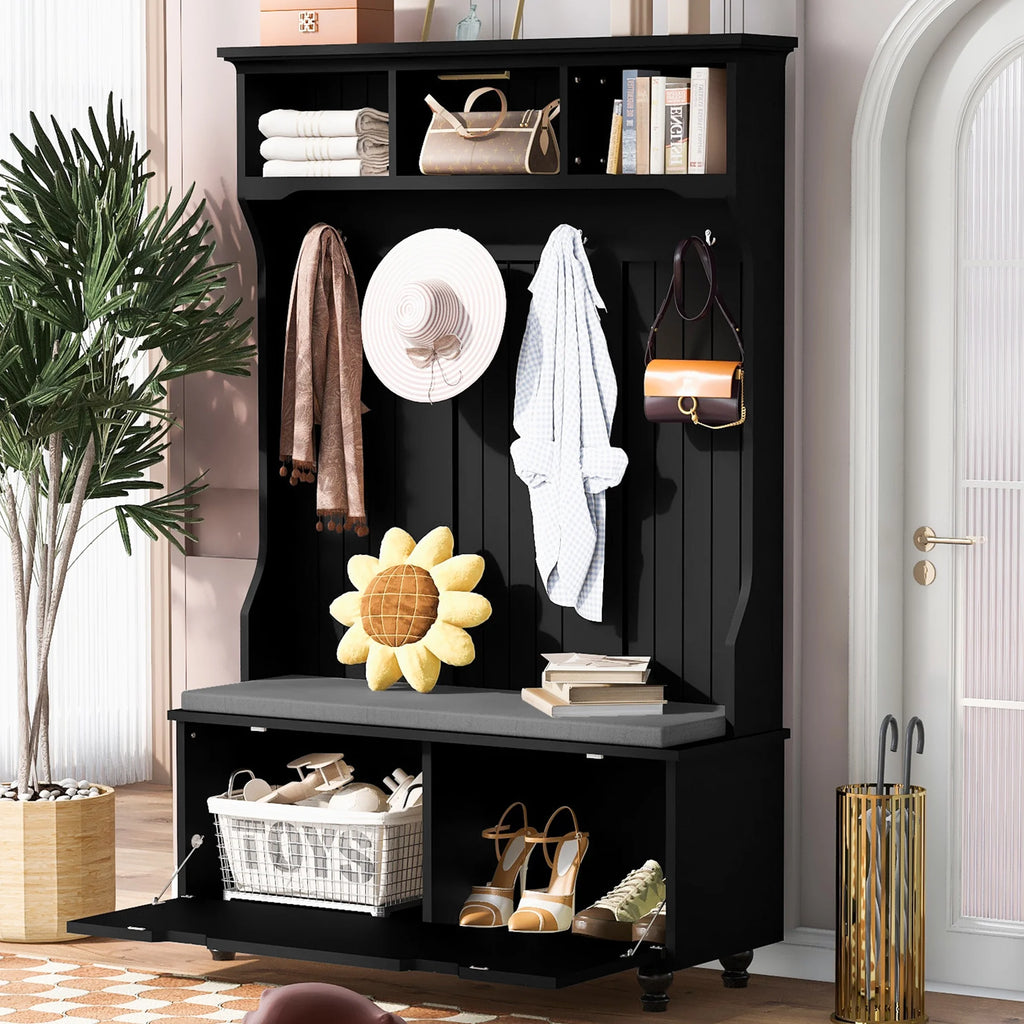 White Wood Hall Tree with Bench and Shoe Storage K190031