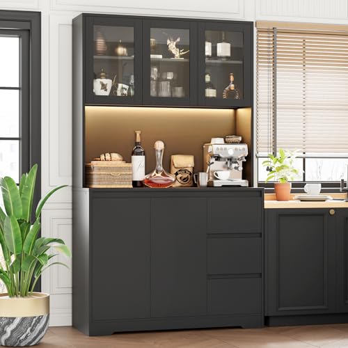 Black 71" Kitchen Pantry Cabinet with LED Lights and Charging Station L1505