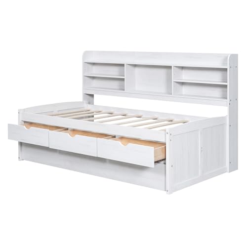 White Wash Wooden Twin Size Captain Bed with Built-in Bookshelves and 3 Storage Drawers and Trundle L19236