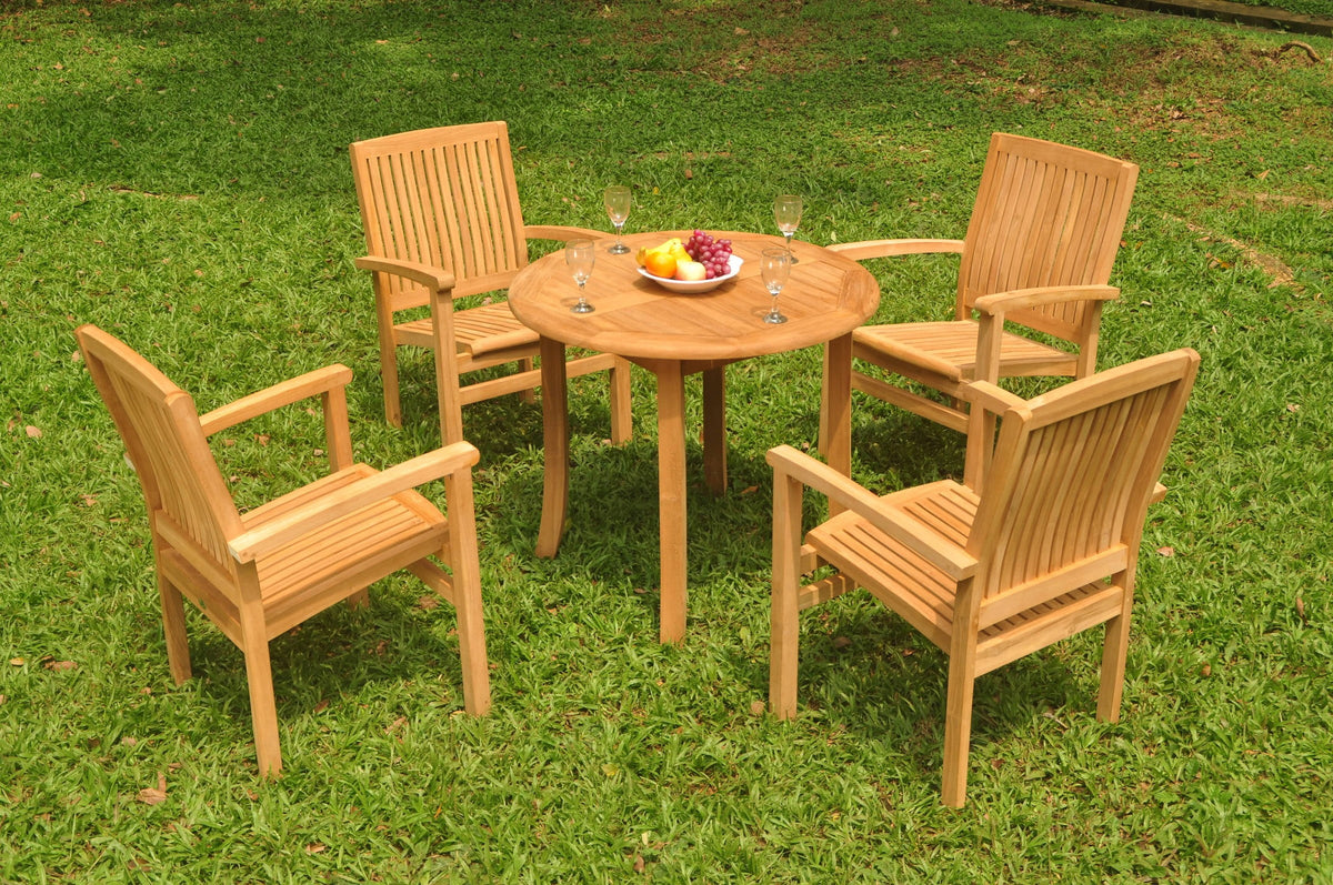 Grade-A Teak 5 Pc Dining Set with 36" Round Table and 4 Stacking Arm Chairs P2393
