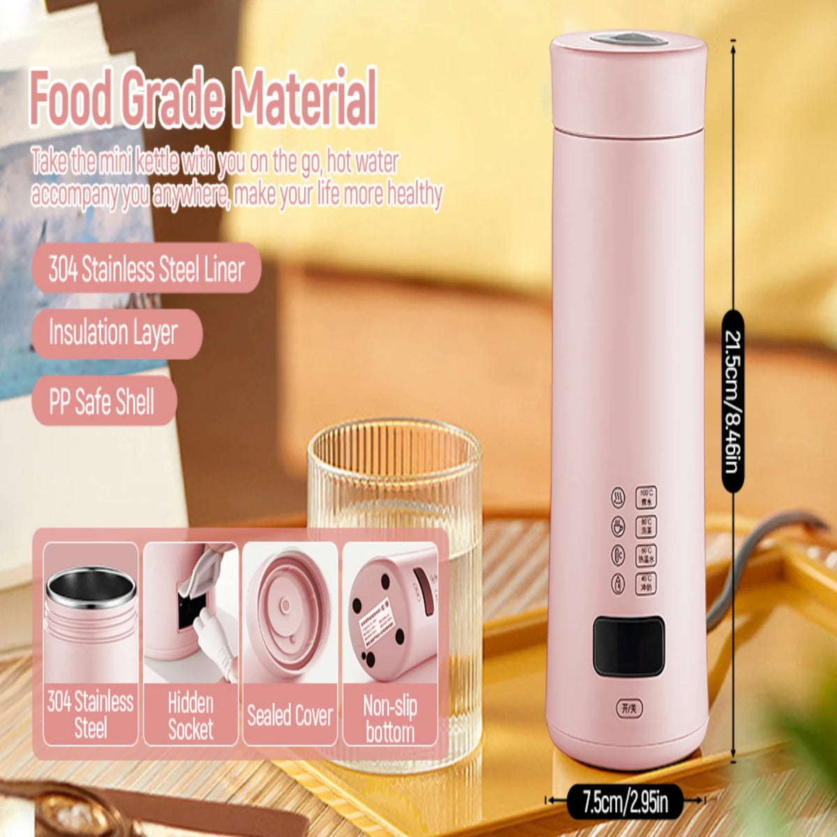 Portable Electric Hot Water Kettle with Tea Filter Pink O586