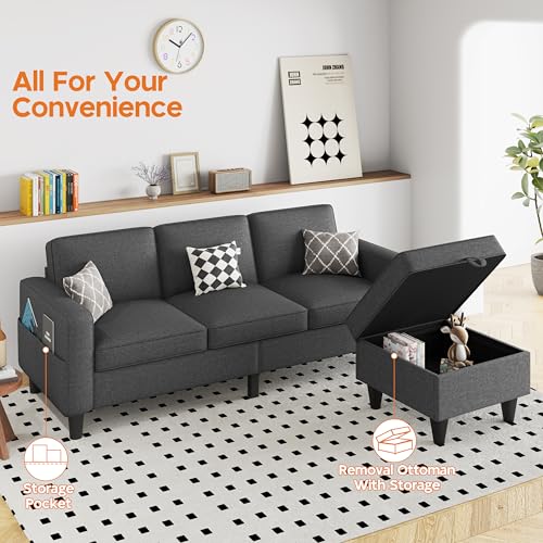Beige 3 Seat L-Shaped Sectional Sofa with Storage Ottoman L8900