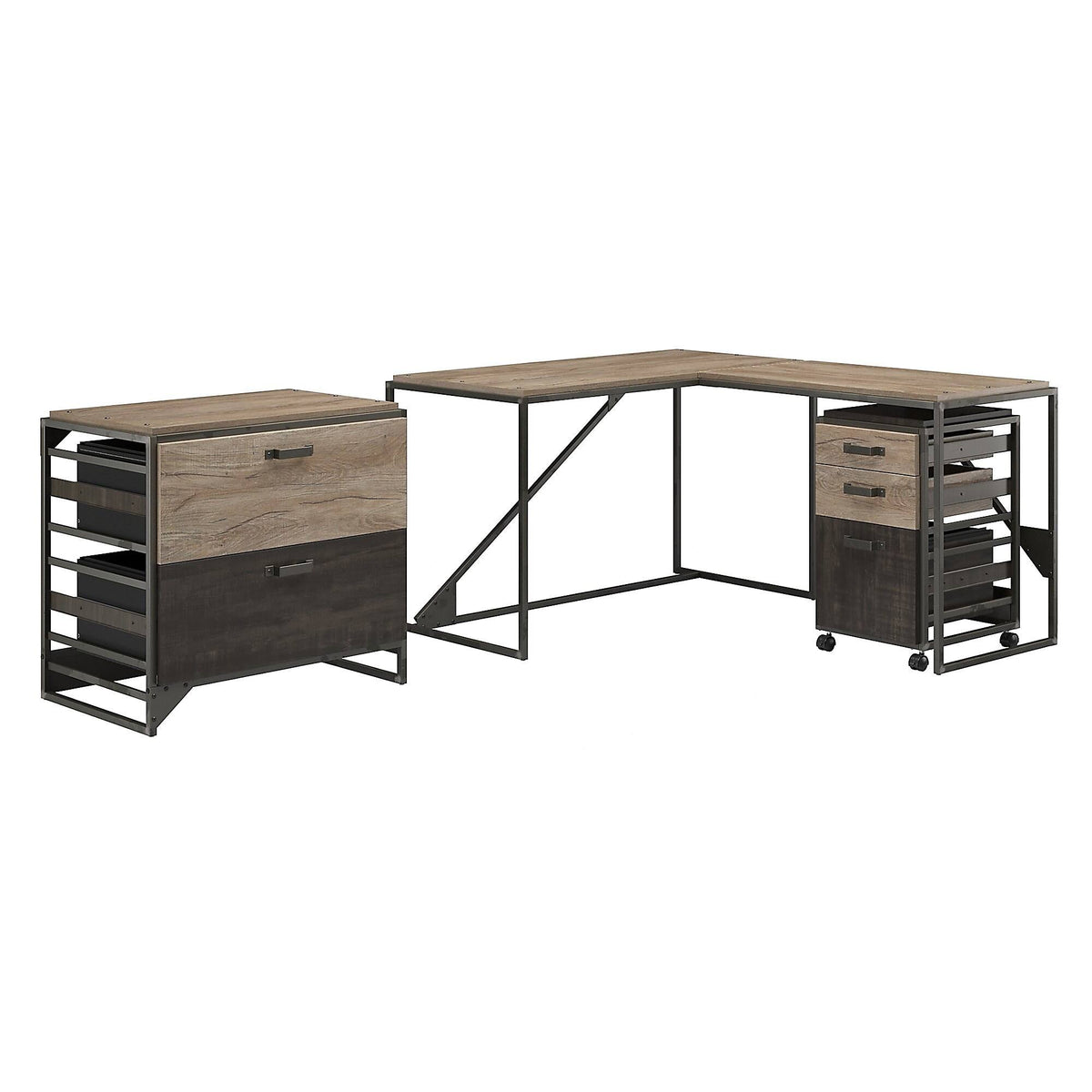 Rustic Gray L Shaped Industrial Desk with File Cabinets Q5437