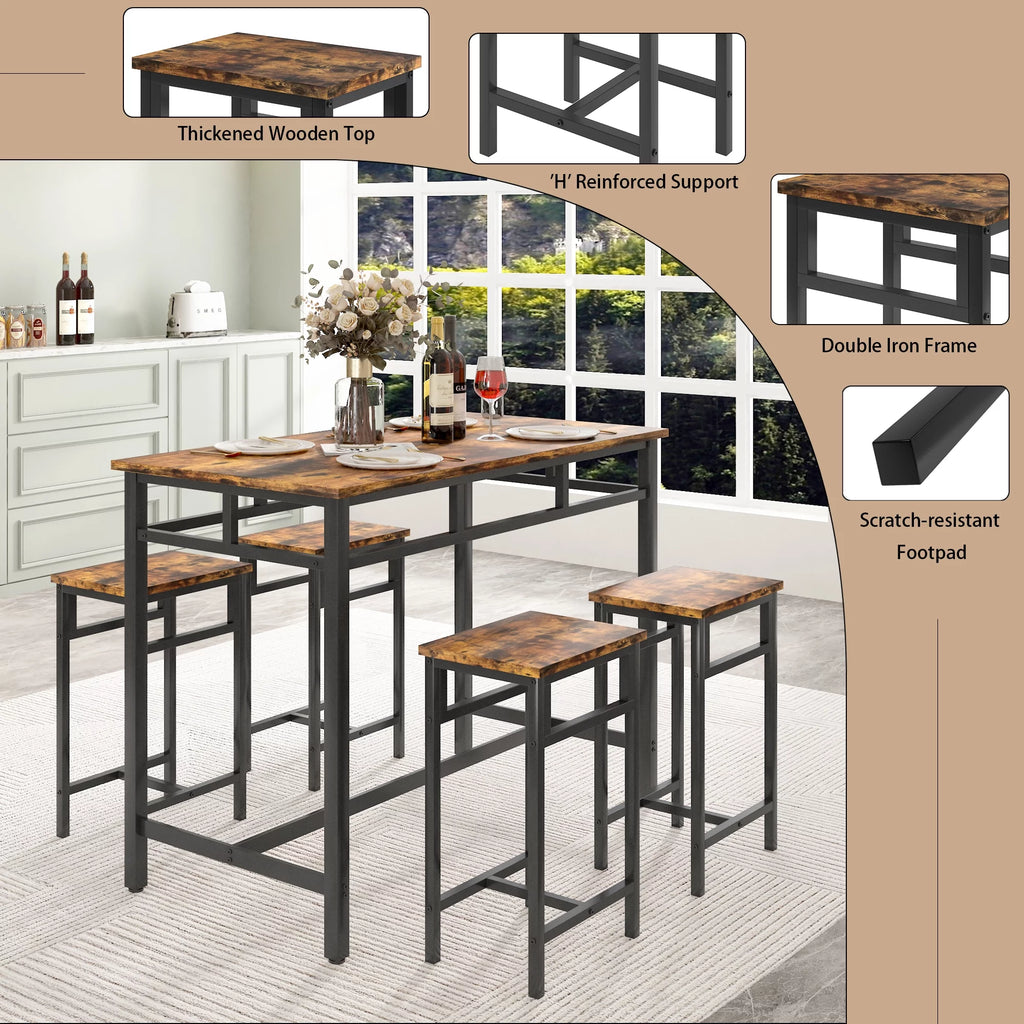 5 Piece Wooden Metal Dining Table and Stools Set G53674