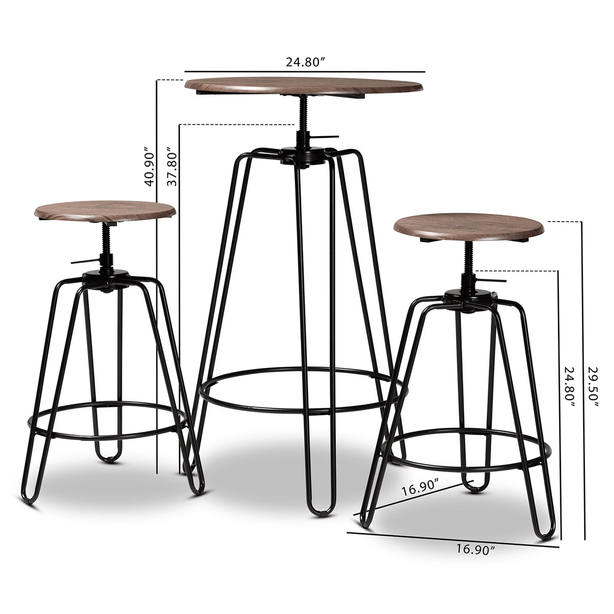 Walnut Finished Wood and Black Metal 3-Piece Adjustable Bar Set A95766