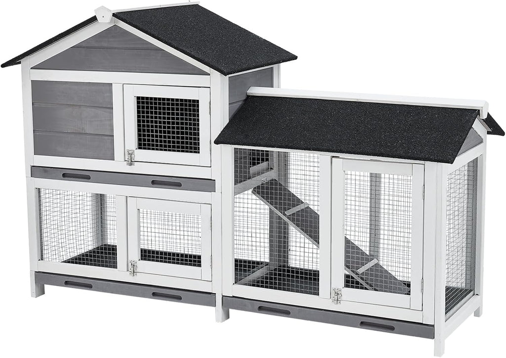 62" Wooden Waterproof Bunny Hutch Rabbit Cage Guinea Pig Coop with Stairs and Cleaning Tray R428648