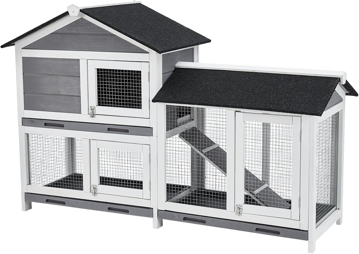 62" Wooden Waterproof Bunny Hutch Rabbit Cage Guinea Pig Coop with Stairs and Cleaning Tray R428648