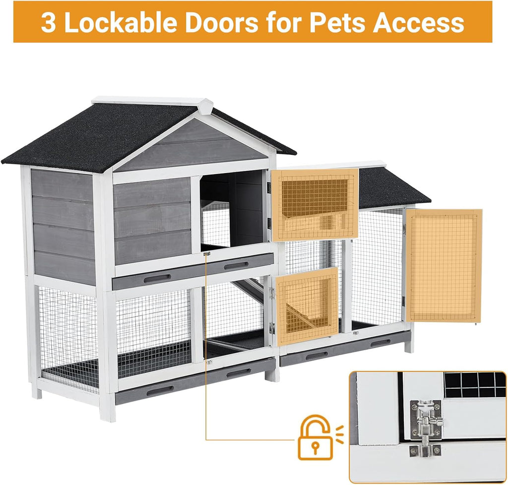62" Wooden Waterproof Bunny Hutch Rabbit Cage Guinea Pig Coop with Stairs and Cleaning Tray R428648
