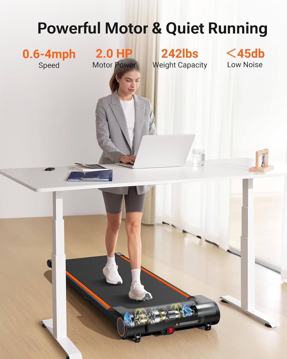 Under Desk Treadmill Walking Pad Portable 2.25HP Orange A987292
