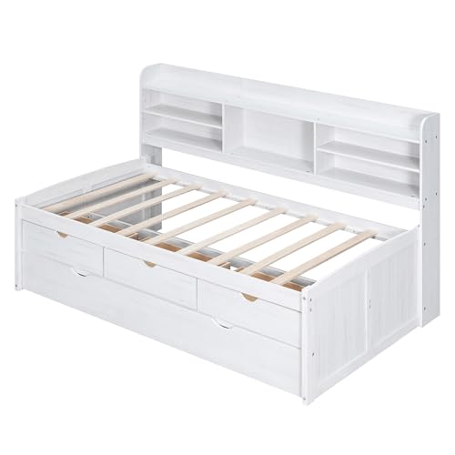 White Wash Wooden Twin Size Captain Bed with Built-in Bookshelves and 3 Storage Drawers and Trundle L19236